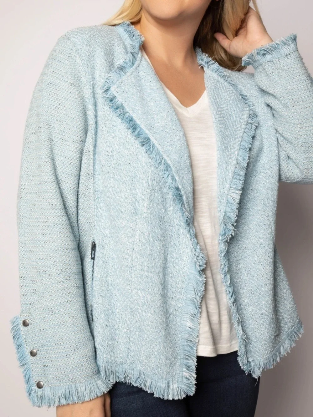 NIC+ZOE Fringe Mix Knit Jacket Open Front Blazer Sz L Preppy Office Church